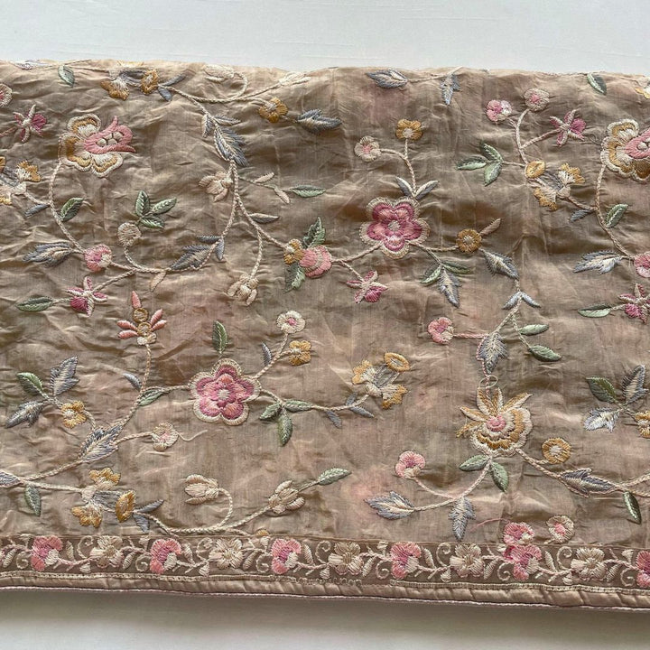 anokherang Dupattas Hazel Beige Embroidered Parsi Gara Organza Multicolor Thread Work Dupatta