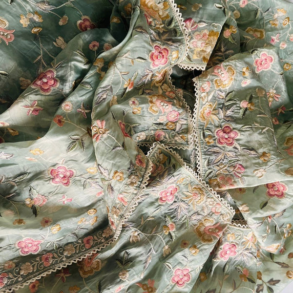 anokherang Dupattas Hazel Green Embroidered Parsi Gara Organza Multicolor Thread Work Dupatta