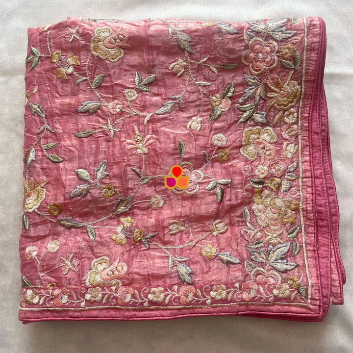 anokherang Dupattas Hazel Pink Embroidered Parsi Gara Organza Multicolor Thread Work Dupatta