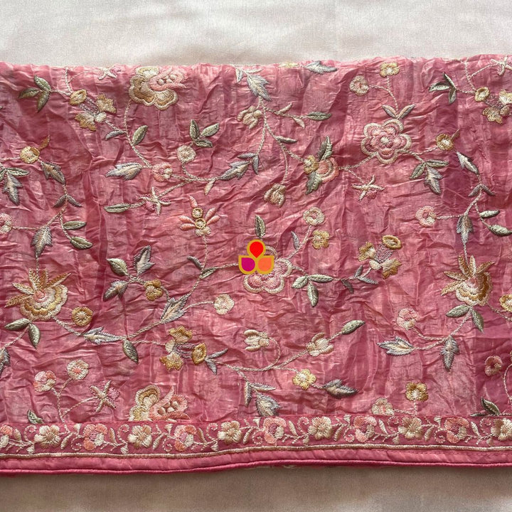 anokherang Dupattas Hazel Pink Embroidered Parsi Gara Organza Multicolor Thread Work Dupatta