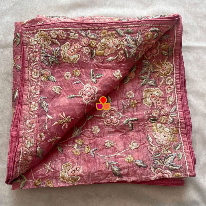 anokherang Dupattas Hazel Pink Embroidered Parsi Gara Organza Multicolor Thread Work Dupatta