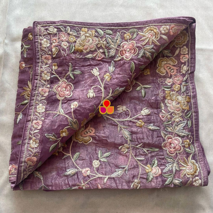 anokherang Dupattas Hazel Purple Embroidered Parsi Gara Organza Multicolor Thread Work Dupatta