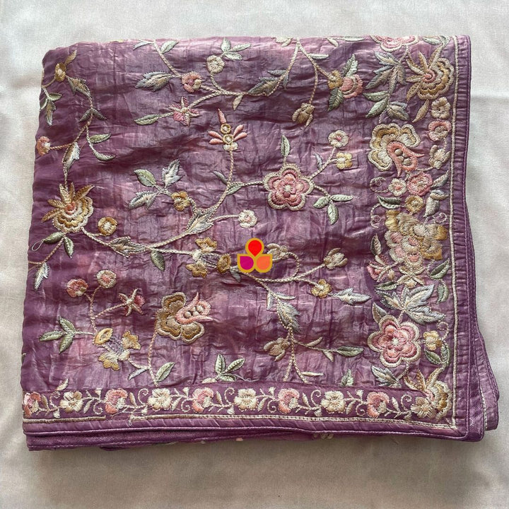 anokherang Dupattas Hazel Purple Embroidered Parsi Gara Organza Multicolor Thread Work Dupatta