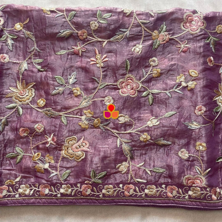 anokherang Dupattas Hazel Purple Embroidered Parsi Gara Organza Multicolor Thread Work Dupatta