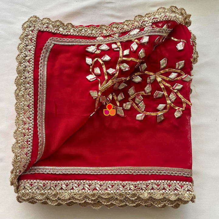 anokherang Dupattas Hoor Red Floral Gota Patti Embroidered Georgette Dupatta