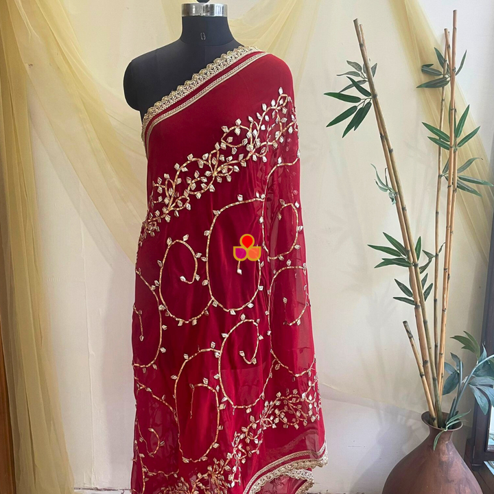 anokherang Dupattas Hoor Red Floral Gota Patti Embroidered Georgette Dupatta