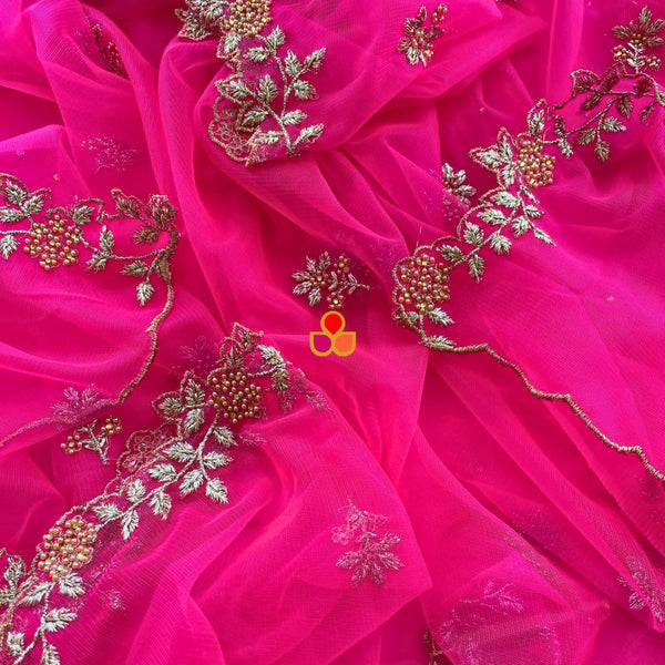 anokherang Dupattas Hot Pink Zari Embroidered Net Dupatta