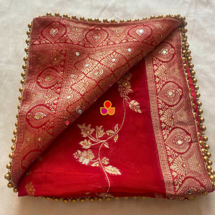anokherang Dupattas Imperial Red Embroidered Banarasi Georgette Dupatta