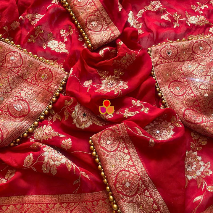 anokherang Dupattas Imperial Red Embroidered Banarasi Georgette Dupatta