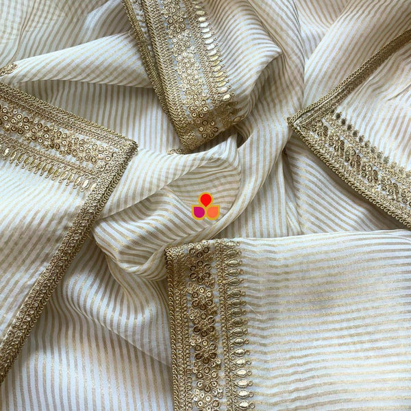 anokherang Dupattas Ivory & Gold Striped Organza Dupatta