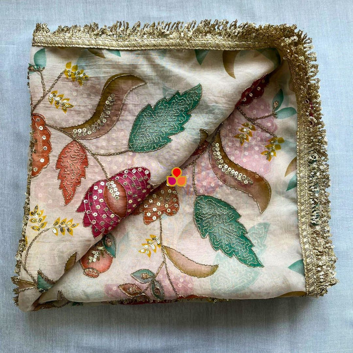 anokherang Dupattas Ivory Phoolwari Multicolor Embroidered Organza Fringed Dupatta