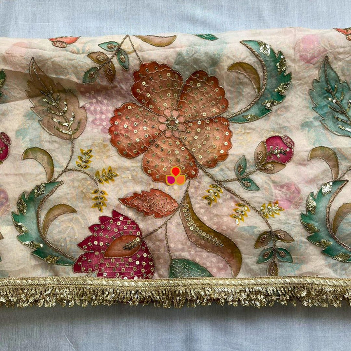 anokherang Dupattas Ivory Phoolwari Multicolor Embroidered Organza Fringed Dupatta