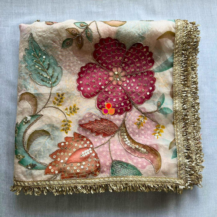 anokherang Dupattas Ivory Phoolwari Multicolor Embroidered Organza Fringed Dupatta