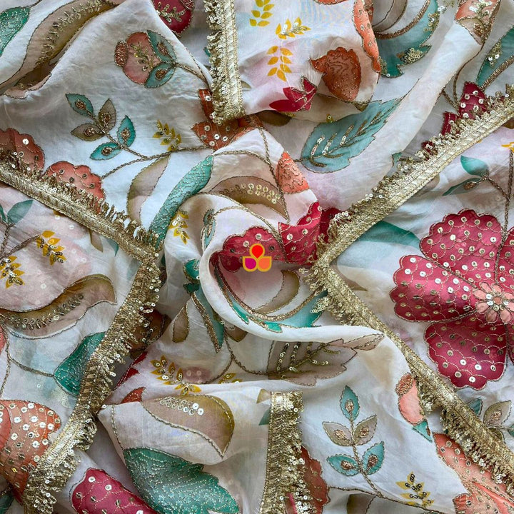 anokherang Dupattas Ivory Phoolwari Multicolor Embroidered Organza Fringed Dupatta