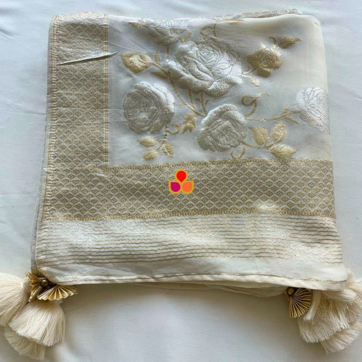 anokherang Dupattas Ivory Rose Regal Banarasi Zari Embroidered Organza Dupatta