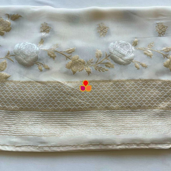 anokherang Dupattas Ivory Rose Regal Banarasi Zari Embroidered Organza Dupatta