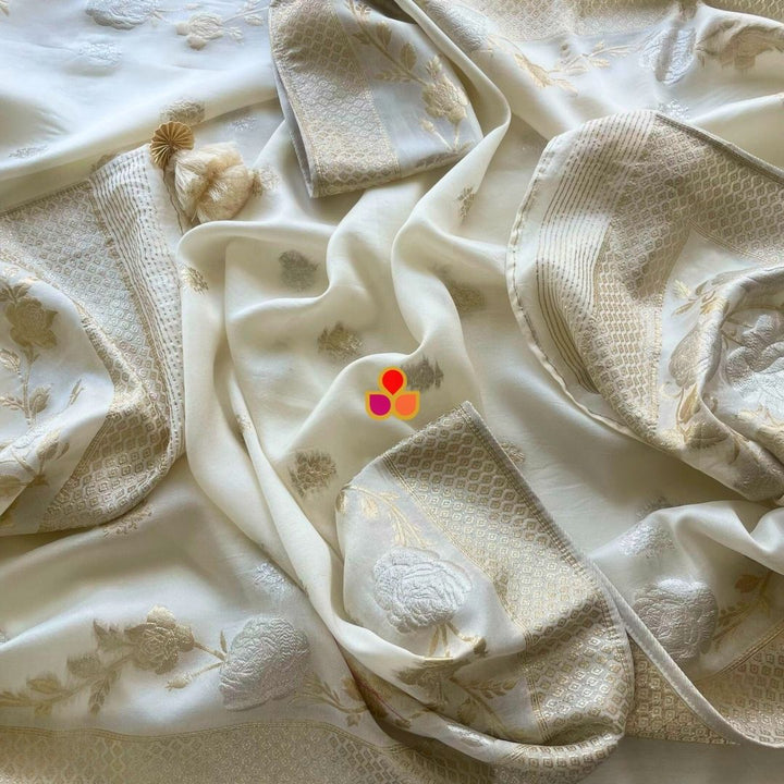 anokherang Dupattas Ivory Rose Regal Banarasi Zari Embroidered Organza Dupatta
