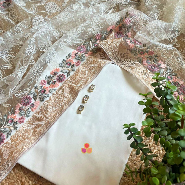 anokherang Dupattas Ivory Silk Unstitched Suit with Net Dupatta