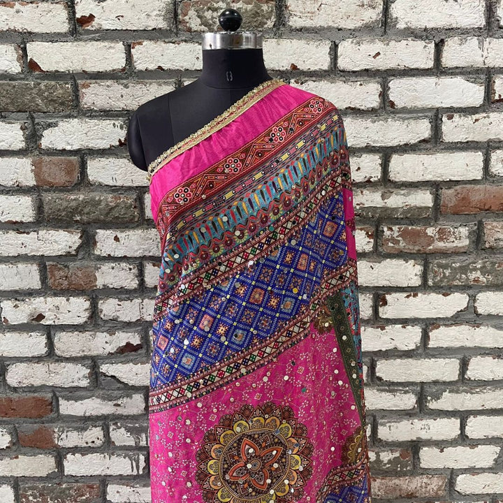 anokherang Dupattas Jugni Pink Blue Mirror Stone Dupatta