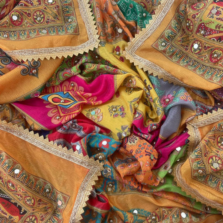 anokherang Dupattas Jugni Yellow Multicolor Mirror Stone Dupatta
