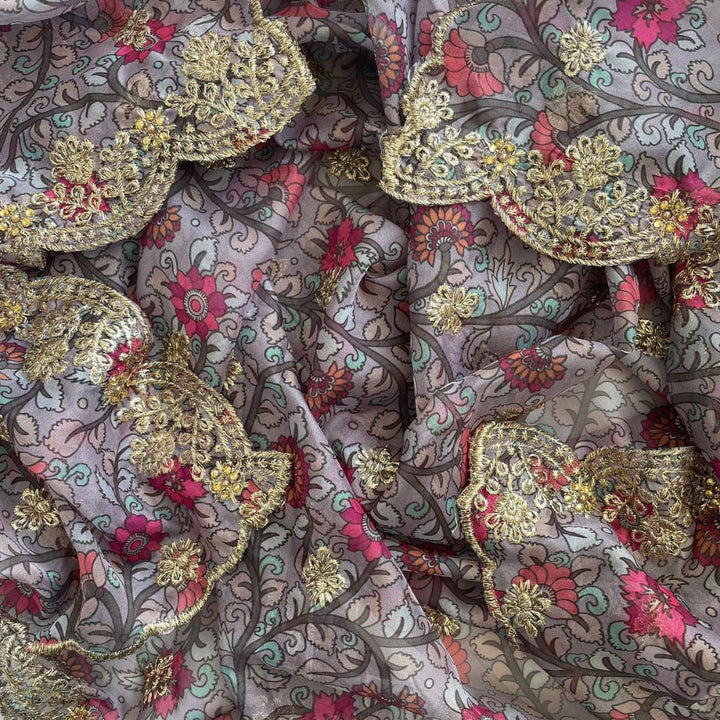 anokherang Dupattas Kalamkari Grey Zari embroidered organza dupatta