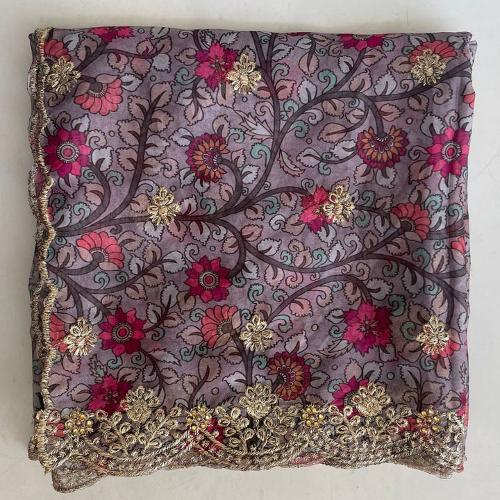 anokherang Dupattas Kalamkari Grey Zari embroidered organza dupatta