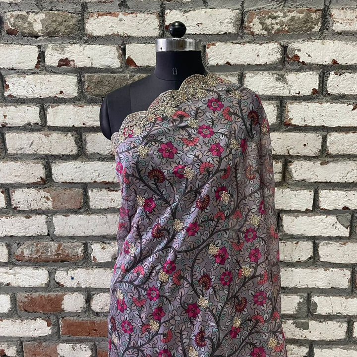 anokherang Dupattas Kalamkari Grey Zari embroidered organza dupatta