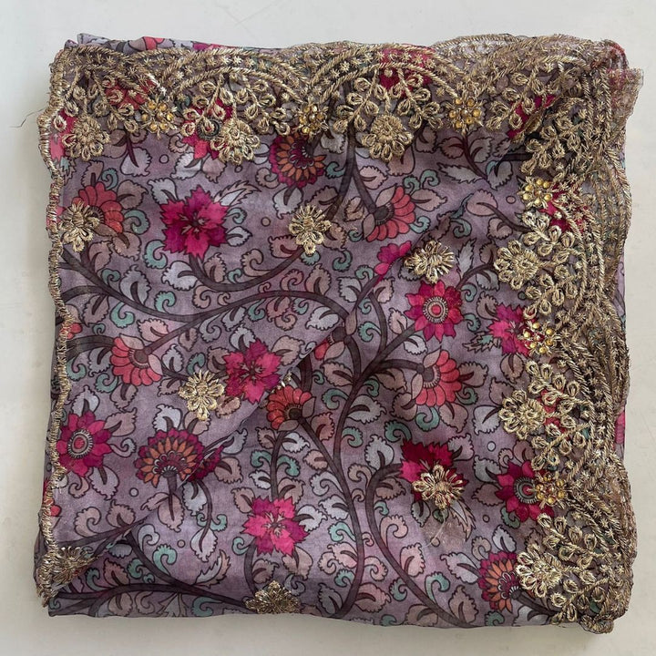 anokherang Dupattas Kalamkari Grey Zari embroidered organza dupatta