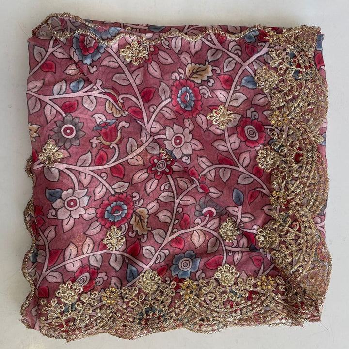 anokherang Dupattas Kalamkari Mauve Zari embroidered organza dupatta