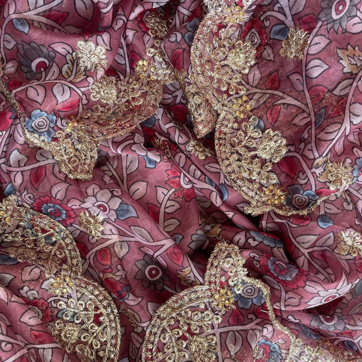 anokherang Dupattas Kalamkari Mauve Zari embroidered organza dupatta