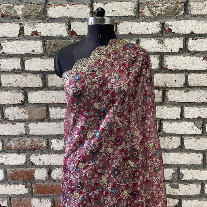 anokherang Dupattas Kalamkari Mauve Zari embroidered organza dupatta