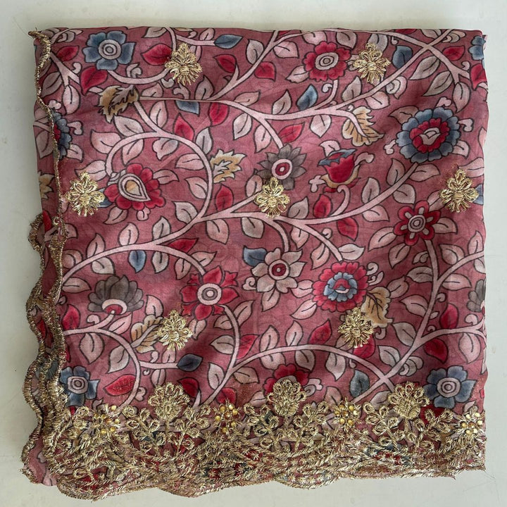 anokherang Dupattas Kalamkari Mauve Zari embroidered organza dupatta