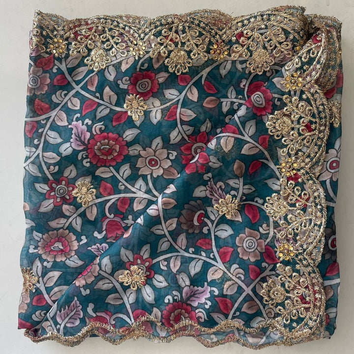 anokherang Dupattas Kalamkari Teal Blue Zari embroidered organza dupatta