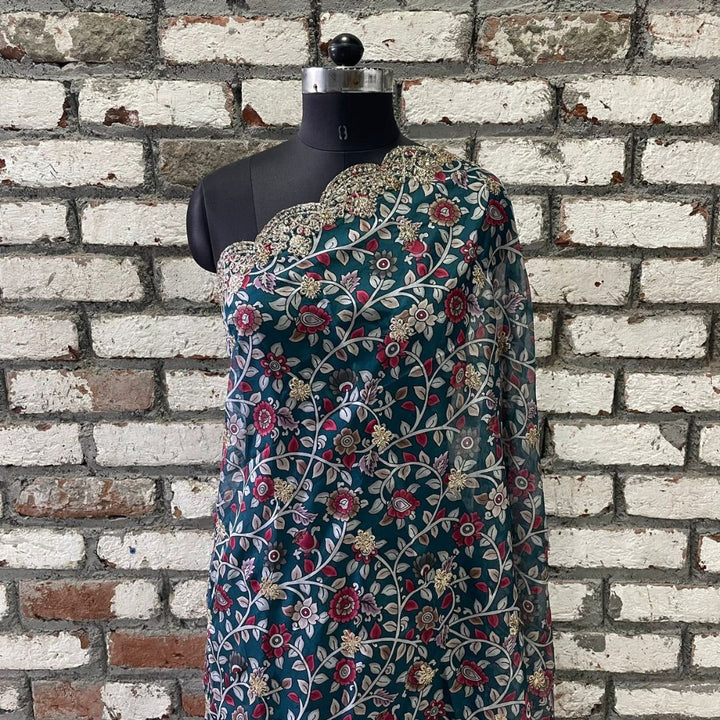 anokherang Dupattas Kalamkari Teal Blue Zari embroidered organza dupatta