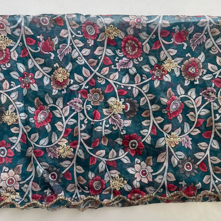 anokherang Dupattas Kalamkari Teal Blue Zari embroidered organza dupatta