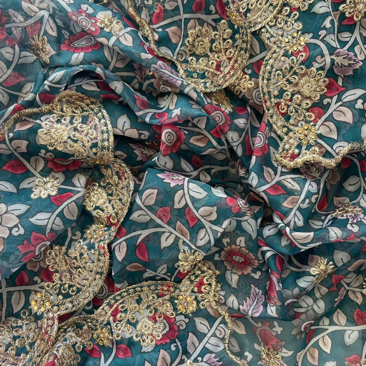 anokherang Dupattas Kalamkari Teal Blue Zari embroidered organza dupatta