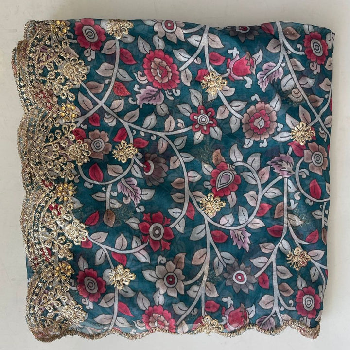 anokherang Dupattas Kalamkari Teal Blue Zari embroidered organza dupatta