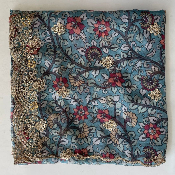 anokherang Dupattas Kalamkari Turquoise Zari embroidered organza dupatta