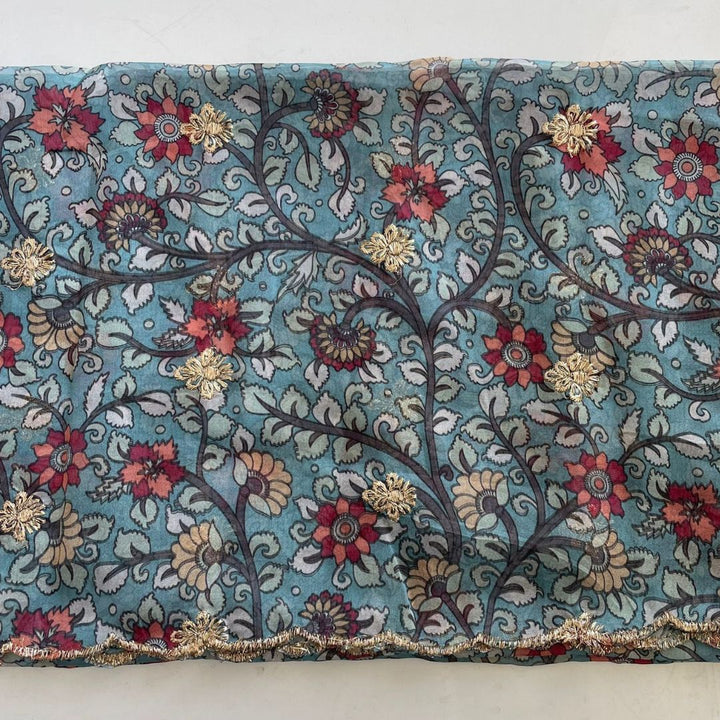 anokherang Dupattas Kalamkari Turquoise Zari embroidered organza dupatta