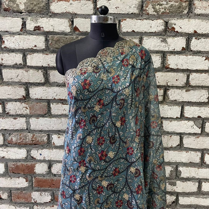 anokherang Dupattas Kalamkari Turquoise Zari embroidered organza dupatta