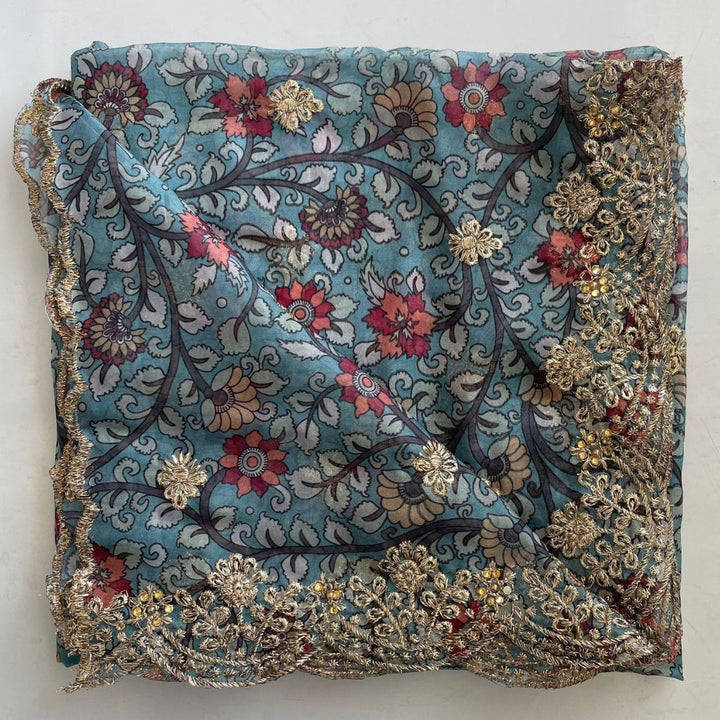 anokherang Dupattas Kalamkari Turquoise Zari embroidered organza dupatta