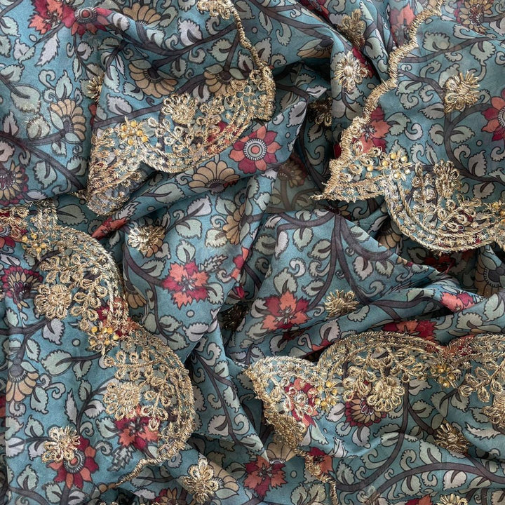 anokherang Dupattas Kalamkari Turquoise Zari embroidered organza dupatta