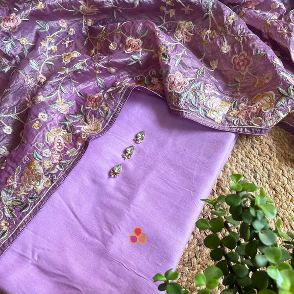 anokherang Dupattas Lilac Green Silk Unstitched Suit with Net Dupatta
