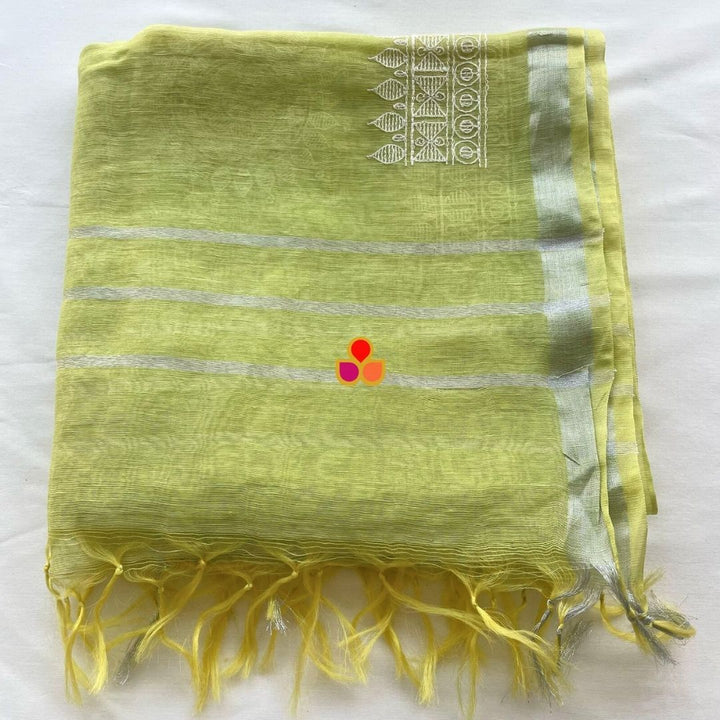 anokherang Dupattas Lime Green Blossom Thread Embroidered Linen Dupatta