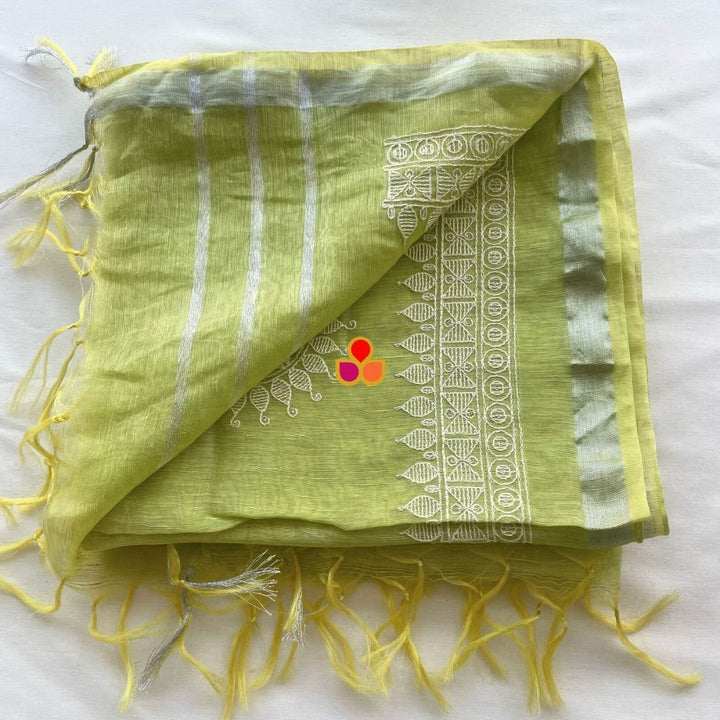 anokherang Dupattas Lime Green Blossom Thread Embroidered Linen Dupatta
