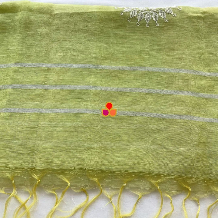 anokherang Dupattas Lime Green Blossom Thread Embroidered Linen Dupatta
