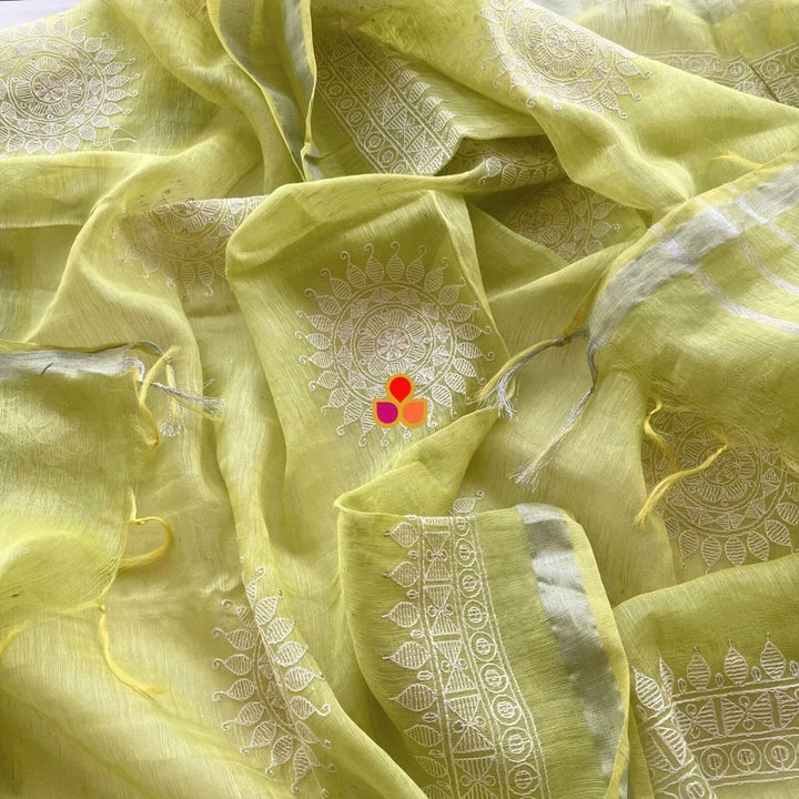 anokherang Dupattas Lime Green Blossom Thread Embroidered Linen Dupatta