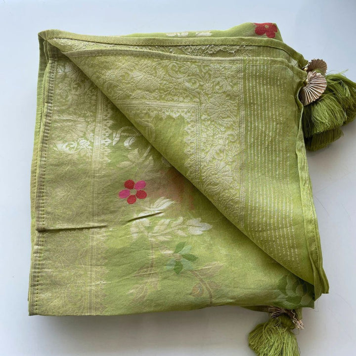 anokherang Dupattas Lime Green Floral Tissue Dupatta