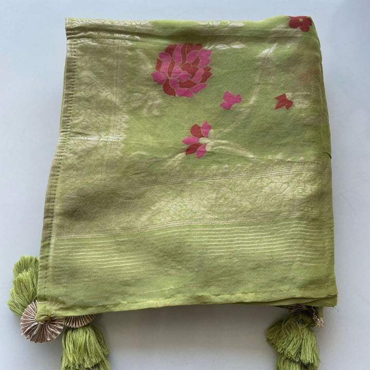 anokherang Dupattas Lime Green Floral Tissue Dupatta