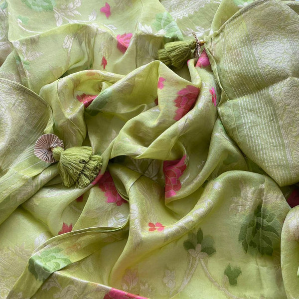anokherang Dupattas Lime Green Floral Tissue Dupatta